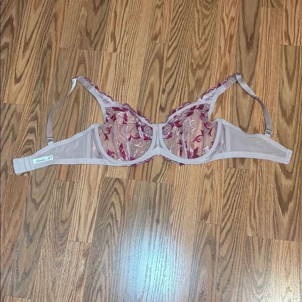 Soma Sheer Lace Underwire Bra,  Floral Embroidered, Pink, 38DD